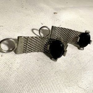 Vintage Lisa Silver Tone Black Cabochon Mesh Wrap Around Cufflinks